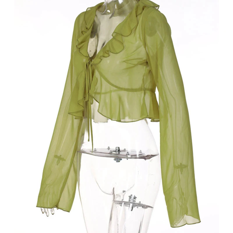 Vintage 90s Streetwear Ruffles Trim Green Chiffon T-shirts Y2K Fashion Sexy Deep V Lace Up Long Sleeve Tops Transparent - AMULET RING STORE