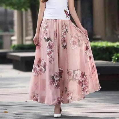 Chiffon Floral Maxi Summer Skirt Women Long High Waist Holiday Dance Skirt Elegant Beach Boho Hot Sale Lady Vintage Girl Fairy