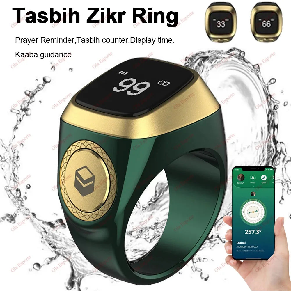 Qibla Smart Tasbih Tally Counter for Muslims Zikr Ring Digital Tasbeeh 5 Prayer Time Vibration Reminder Waterproof Qibla Subhah