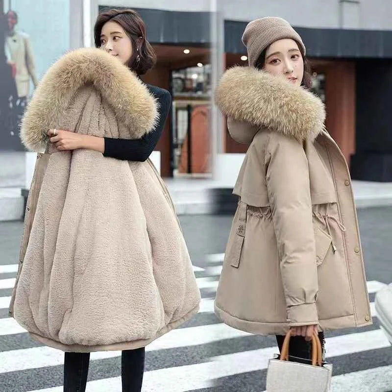 2025 Winter Women's Parka Cotton Padded Coat Korean Style Mid Length Waist Cinching Thickened for Cold Suitable for Short Girls