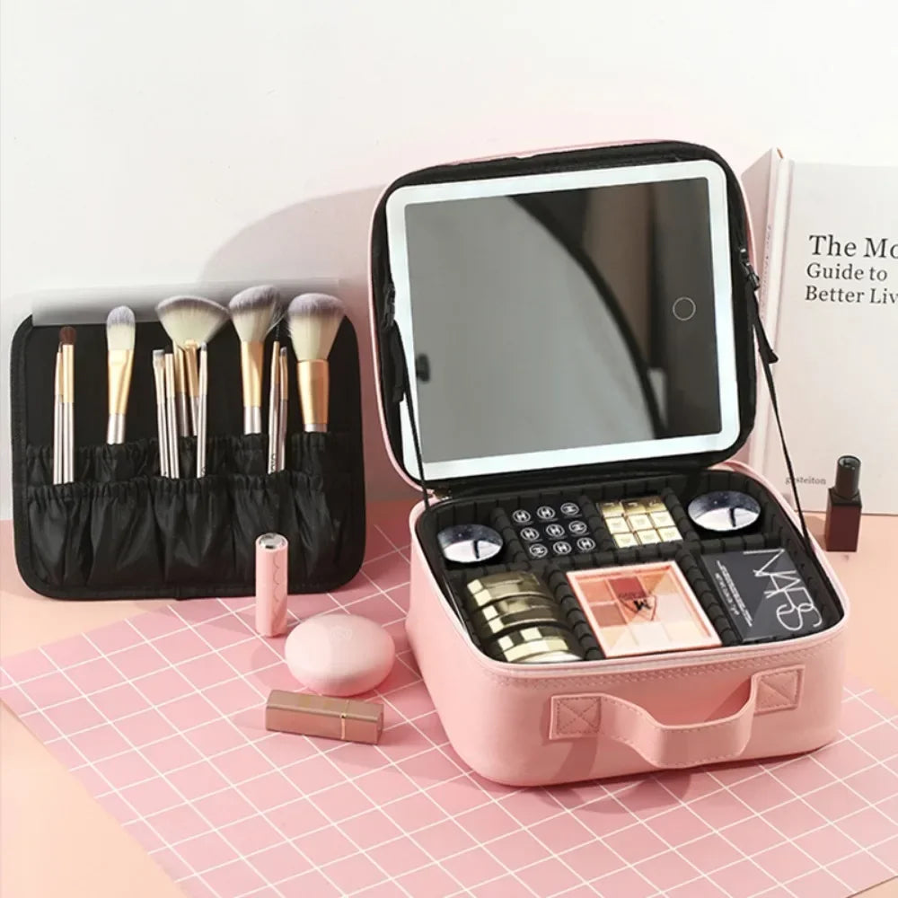 Makeup Organizer with Mirror Light 3 Adjustable Brightness Travel Train Case Cosmetic Bag Portable Storage Partition Waterproof - AMULET RING STORE