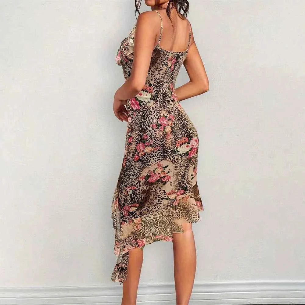 Sexy Club Party Midi Dresses Women Fashion Leopard Print Halter Backless Slim Bodycon Vestidos Robes Female Ruched Ruffle Dress