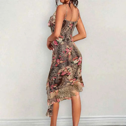 Sexy Club Party Midi Dresses Women Fashion Leopard Print Halter Backless Slim Bodycon Vestidos Robes Female Ruched Ruffle Dress