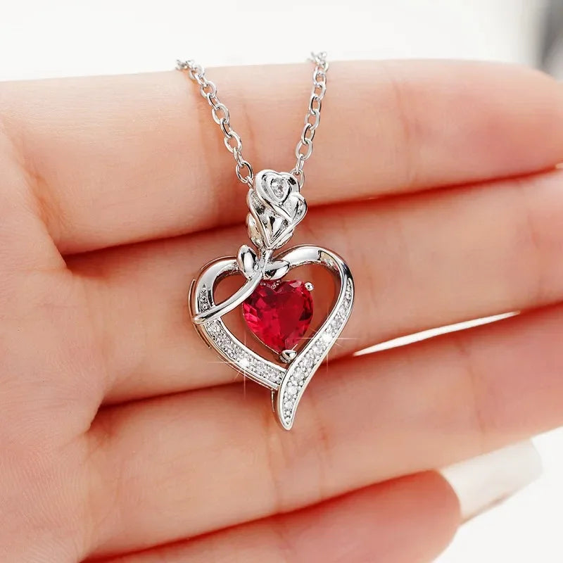 CAOSHI Gorgeous Rose Pendant Necklace for Women Shining Red Heart Zirconia Accessory Fashionable Ｂirthday Ｗedding Jewelry Gifts - AMULET RING STORE