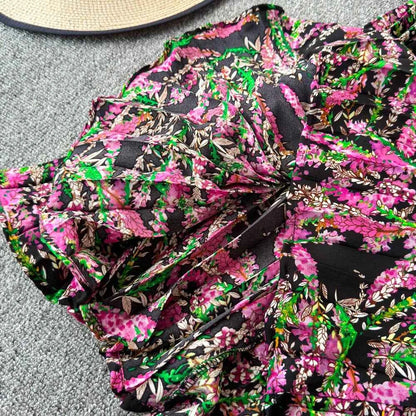 Chiffon A-Line Midi Skirt Women's Autumn 2025 New Sle Cover Hip Draped Large Swing Umbrella Skirt Pleated Floral Skirt