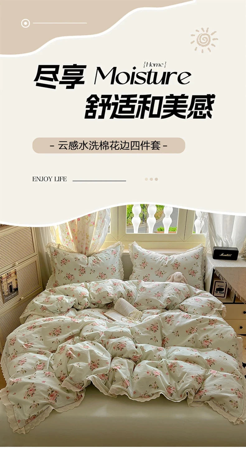 Washed Cotton Duvet Cover Sets Single/Queen/king Flower Printed Bedding Set Princess Style e housse de couette 220x240 with Lace - AMULET RING STORE