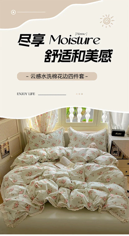 Washed Cotton Duvet Cover Sets Single/Queen/king Flower Printed Bedding Set Princess Style e housse de couette 220x240 with Lace - AMULET RING STORE