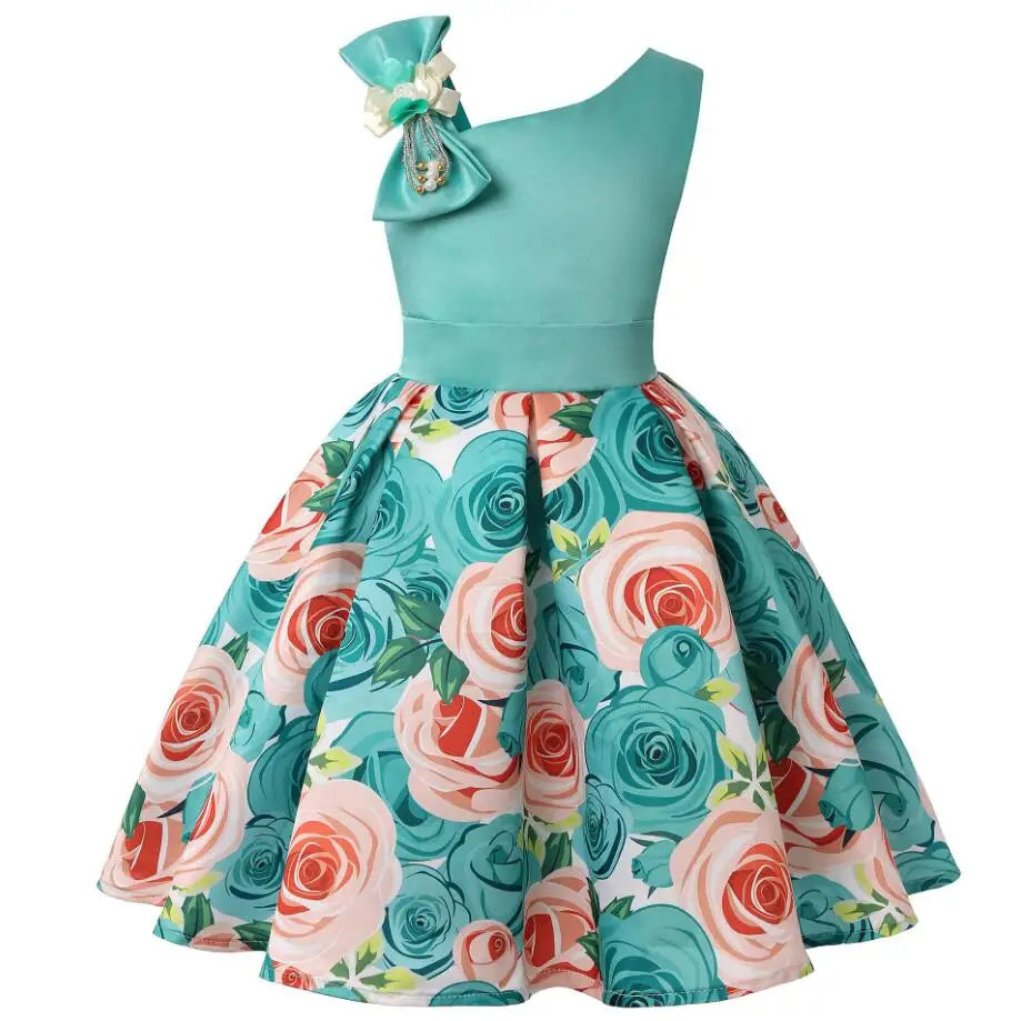 Summer Girls Rose Print Dress Princess Wedding Birthday Party Frocks Satin Children Vestidos Dresses For Girl Christmas Clothing