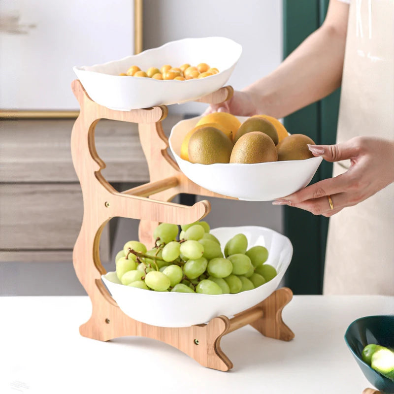 2/3 Layer Table Plates Dinnerware Wooden Kitchen Fruit Bowl with Floors Partitioned Dish Candy Cake Trays Fruit Plate Salad Bowl - AMULET RING STORE