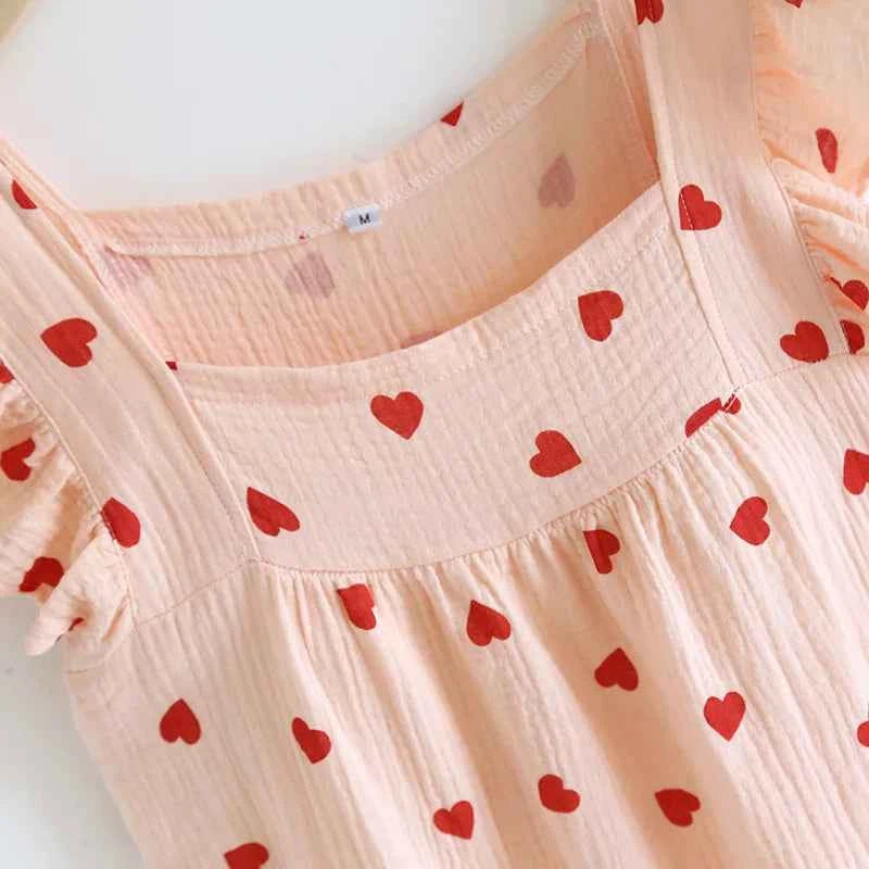 2025 Summer Women's New Sleeping Skirt 100% Cotton Crepe Wood Ear Edge Tank Top Skirt Love Belt Chest Cushion Home Dress Ladies