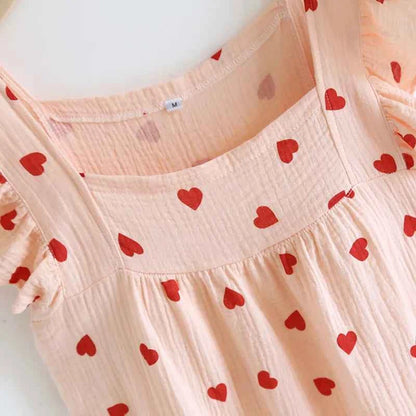 2025 Summer Women's New Sleeping Skirt 100% Cotton Crepe Wood Ear Edge Tank Top Skirt Love Belt Chest Cushion Home Dress Ladies