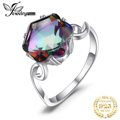 JewelryPalace Flower Natural Rainbow Mystic Quartz 925 Sterling Silver Ring for Women Fine Jewelry