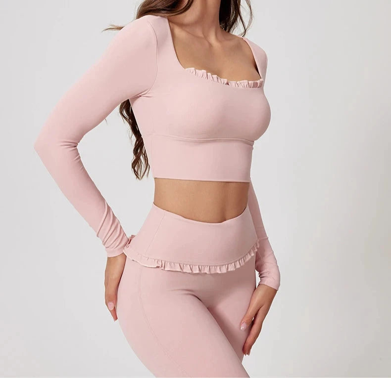 1/2PCS Pad Women Yoga Set Lotus Gym Fitness Long Sleeve Sports Crop Top High Waist Bell Flare Legging Workout Athletic Wear