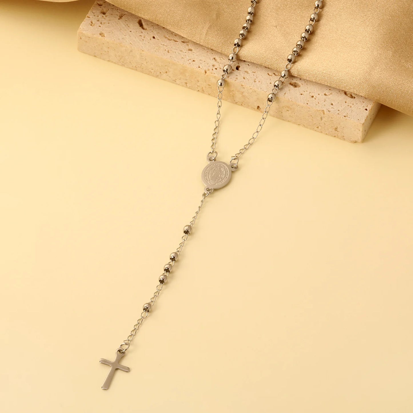 ASONSTEEL Long Scapular Catholic Rosaries Beads Christian Cross Jesus Pendant Necklaces Stainless Steel For Women Men Jewelry