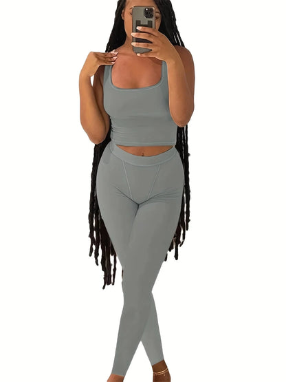 New Design Women Summer Fitness Sports Wear Lounge Set Yoga Solid Color Vest Summer Two Piece Set Tank Top Biker Shorts Set