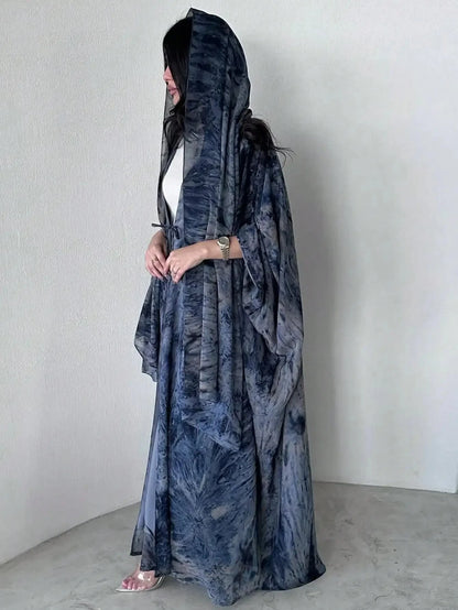 Women Tie Dye Loose Abaya Full Sleeve Open Front Abayas Turkey Kaftan Middle Eastern Arabian Maxi Dresses Jilbabs Without Hijab - AMULET RING STORE