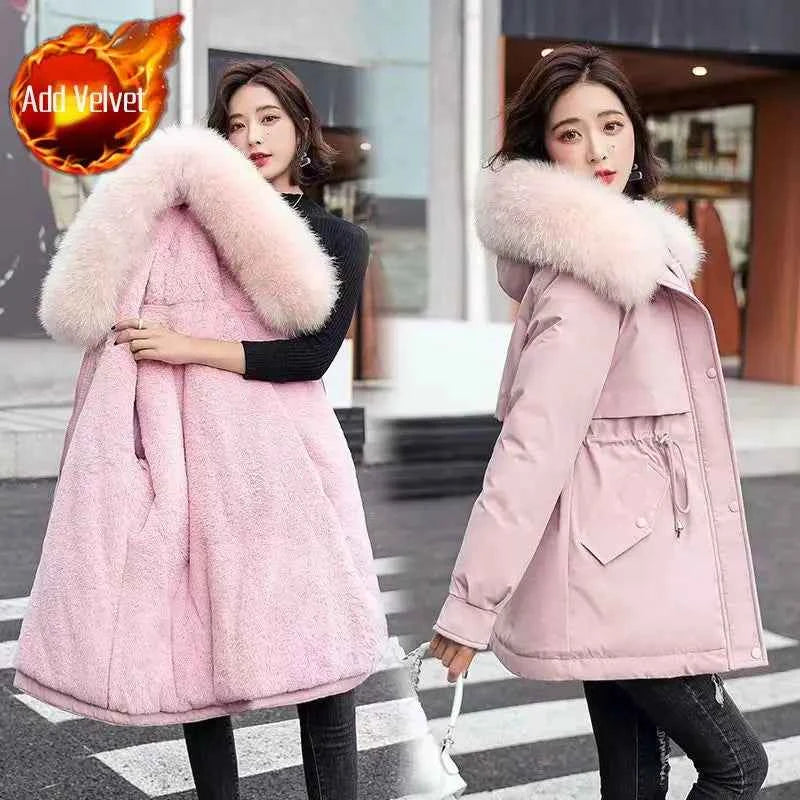 2025 Winter Women's Parka Cotton Padded Coat Korean Style Mid Length Waist Cinching Thickened for Cold Suitable for Short Girls