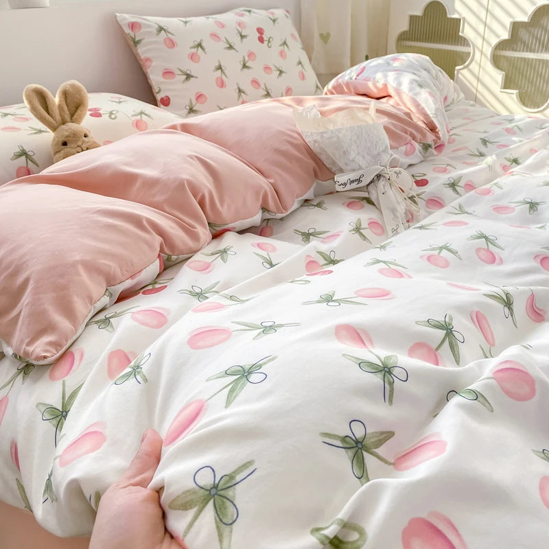 Korean Retro Floral Bedding Set 100% Washed Cotton Bed Sheets Set Soft Duvet Cover Bed Linen Pillowcase Single Double Queen King - AMULET RING STORE