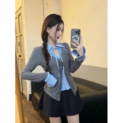 Preppy Style Striped Contrast Slim Lacing Tops Women Clothing Spring Autumn New Long Sleeve Patchwork Korean Shirt Tops Fashion