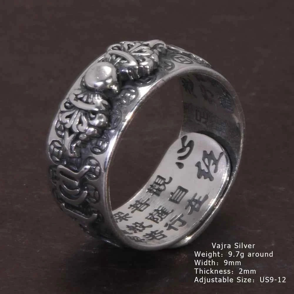 Vintage Pure Silver 999 Six Words Heart Sutra Ring Men's Adjustable Golden Pixiu Vajra Buddhist Religious Fine Jewelry