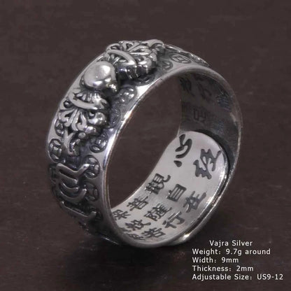 Vintage Pure Silver 999 Six Words Heart Sutra Ring Men's Adjustable Golden Pixiu Vajra Buddhist Religious Fine Jewelry