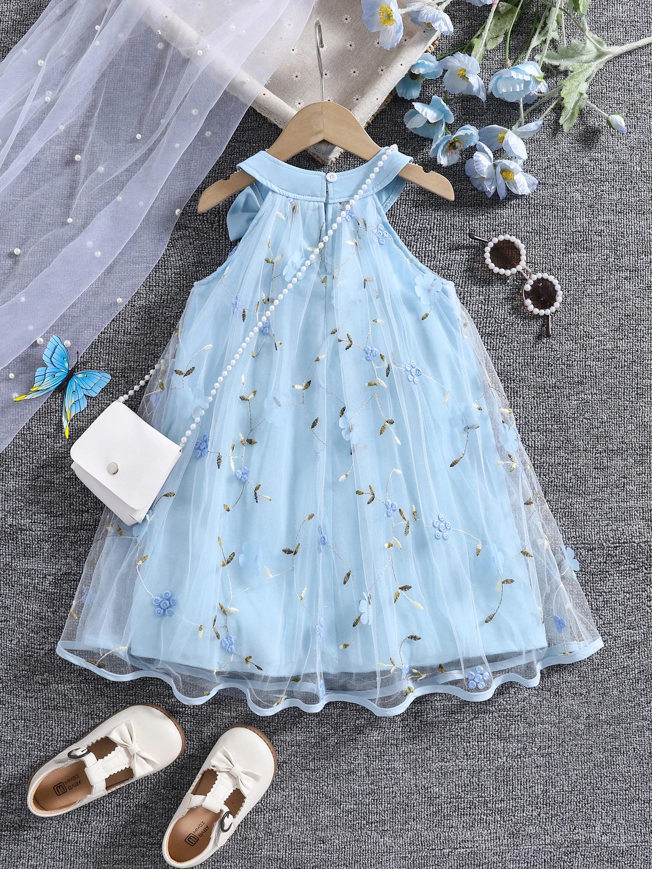 Girls summer fashion lady three-dimensional flower mesh bow decorative halter dress with bag