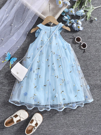 Girls summer fashion lady three-dimensional flower mesh bow decorative halter dress with bag