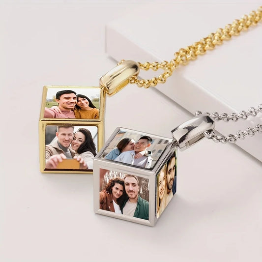 Custom 6 Pictures Fashion 6 faces Cube Necklace Pendant Unique, Gift for Father's Mother's Day Birthday Valentine's Day Wedding