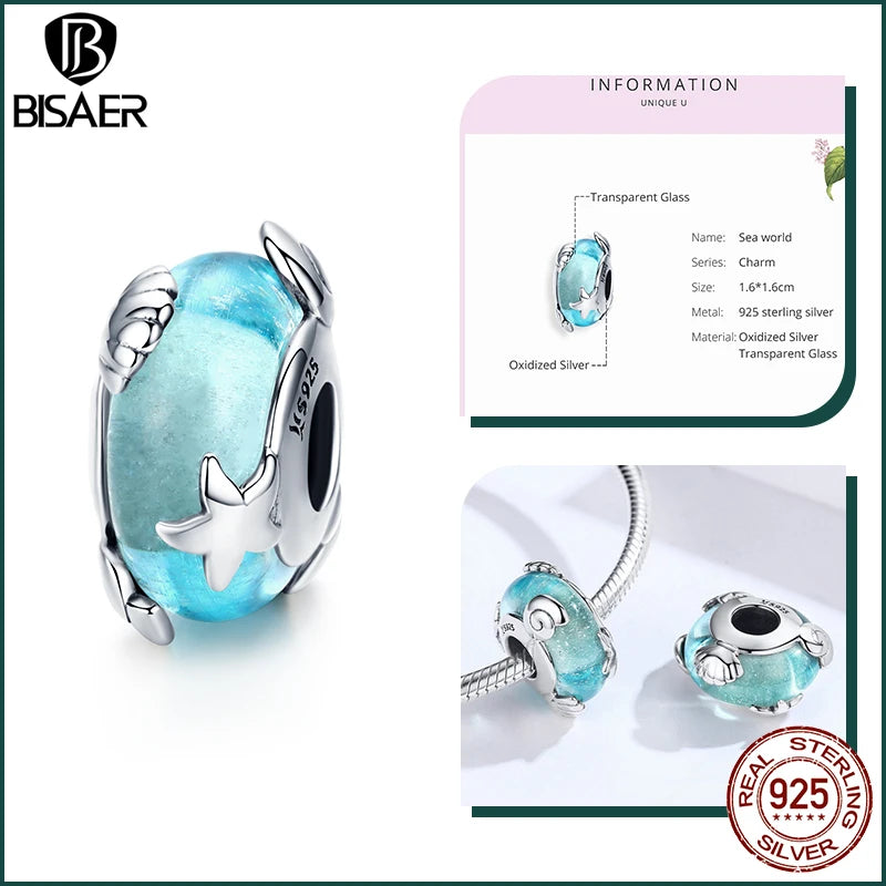 BISAER 925 Sterling Silver Charm Ocean Style Fish Dolphin Mermaid Shell Blue CZ Bead For Necklace&Bracelet DIY Fine Jewelry Gift - AMULET RING STORE