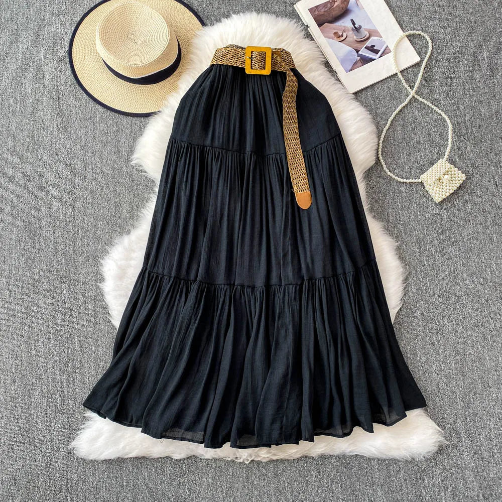 White High Waist A-Line Midi Skirt Women's Summer Casual Flared Cake Skirt Korean Sle Baking Poer Skirt for Young Women