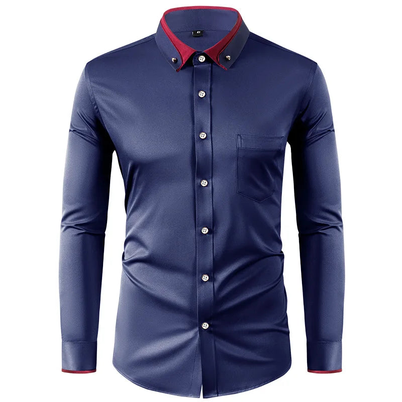 4XL Stand Up Collar Long Sleeve Shirt for Men Social Camisa Anti-wrinkle Pockets with Diamond Button Down White Shirt Black Blue