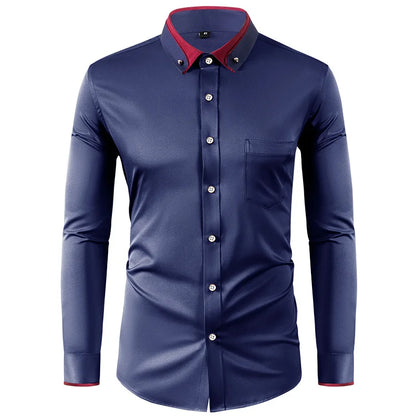 4XL Stand Up Collar Long Sleeve Shirt for Men Social Camisa Anti-wrinkle Pockets with Diamond Button Down White Shirt Black Blue