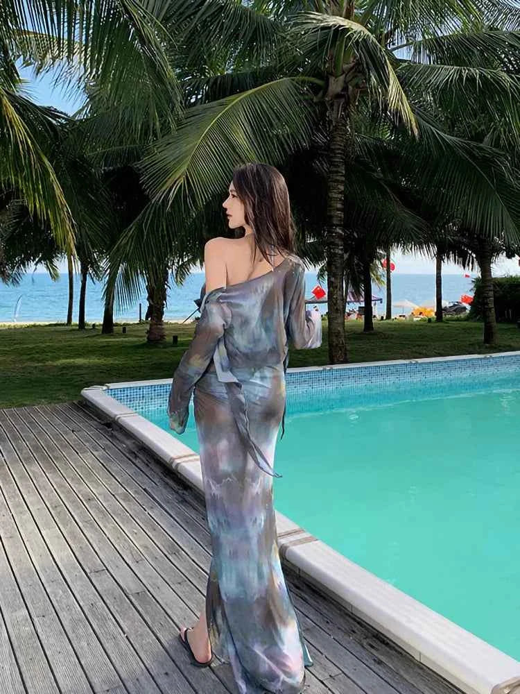 2025 Swimsuit Women's Sexy Bikini Four Piece Tie Dye Long Skirt Sexy European and American Slim Fit Hot Spring Vacation