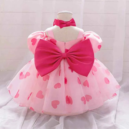 Infant Big Bow Love Print Baby Party Girls Dress Puff Sleeve Pink Tutu 1st Birthday Prom Dresses Girl Wedding Princess Ball Gown