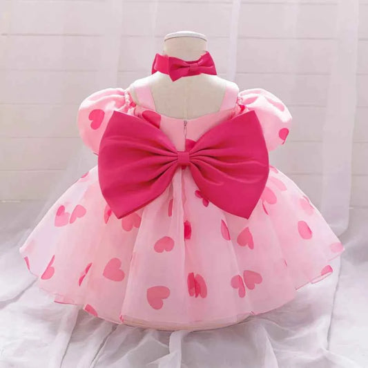 Infant Big Bow Love Print Baby Party Girls Dress Puff Sleeve Pink Tutu 1st Birthday Prom Dresses Girl Wedding Princess Ball Gown