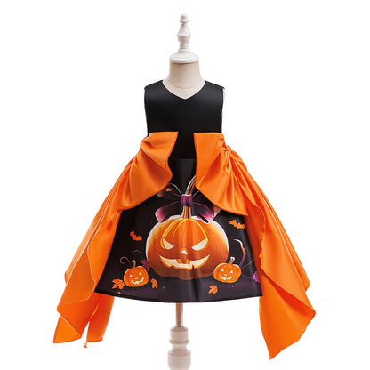 Girl Halloween costume 4-8 Yrs Halloween Theme Party Dresses Skeleton Bat Pumpkin Print Frocks Luxury Fluffy Kids Elegant Gown