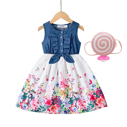 New Kids Girl Dress Summer Floral with Bow Fashion White Vestidos Short Sleeve Children Clothing Outfits Casual Printed  Dresses