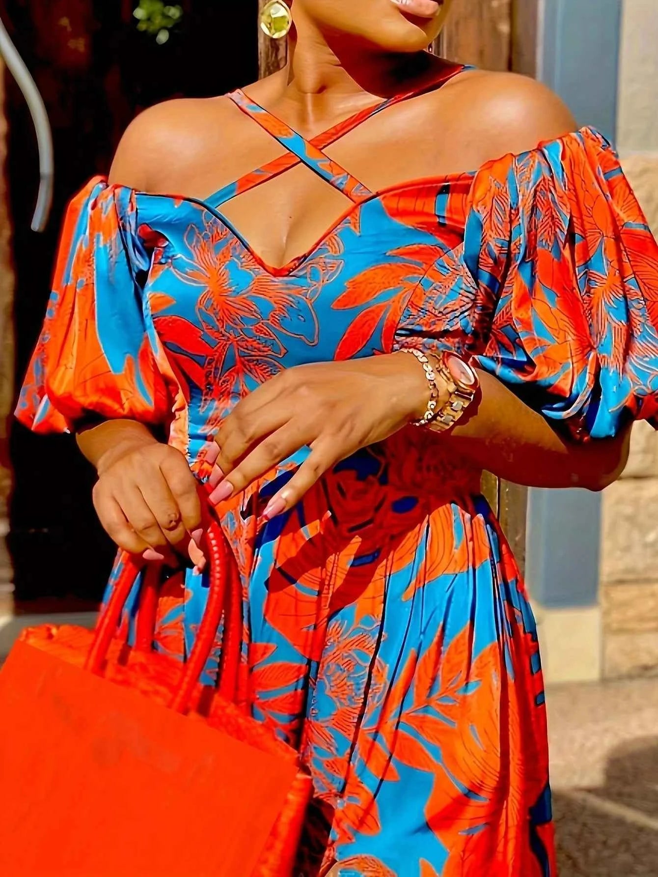 Women's Floral Maxi Dress with Halter Neck and Slit Short Sleeves