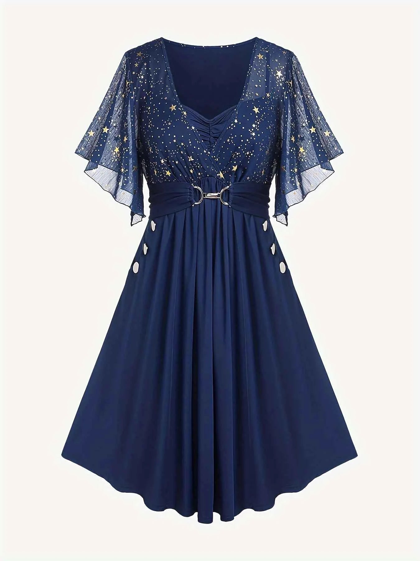 Fashion women's plus size explosions star print button pocket pleats butterfly sleeve elegant temperament dress