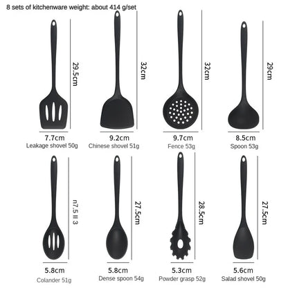 8ps Household black Silicone kitchenware 8-piece set of Chinese spaghetti spoon salad spaghetti spaghetti spaghetti，Rice spoon，