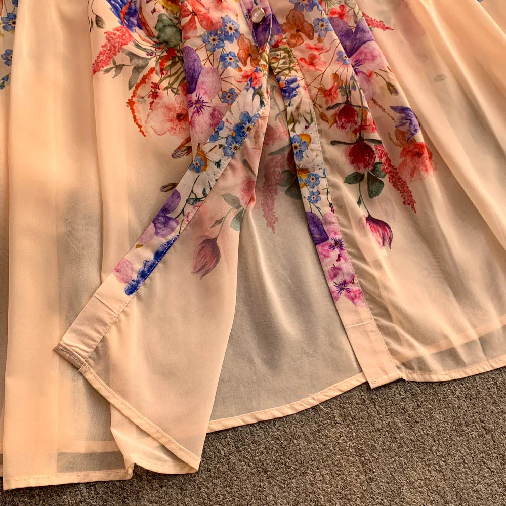 Faionable Print Long Dr Women's Spring Belted Waist Pleated Lantern Sve Turn-down Collar Dr Korean Sle Commute