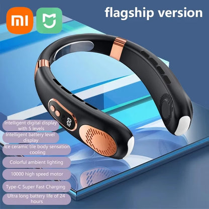 XIAOMI 2025 Neck Fan USB Rechargeable Cooling Fan 5 Speed Adjustable Neck Cooler Digital Display Bladeless Neckband Fan