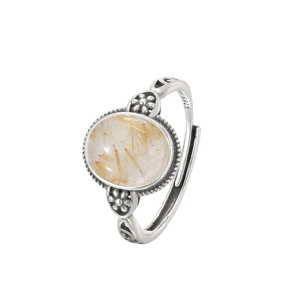 Natural Crystal Ring S925 Silver Adjustable Open Bands Rutilated Quartz Healing Stone Golden Needles Handmade Boho Jewelry - AMULET RING STORE