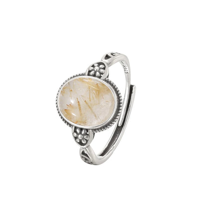 Natural Crystal Ring S925 Silver Adjustable Open Bands Rutilated Quartz Healing Stone Golden Needles Handmade Boho Jewelry - AMULET RING STORE