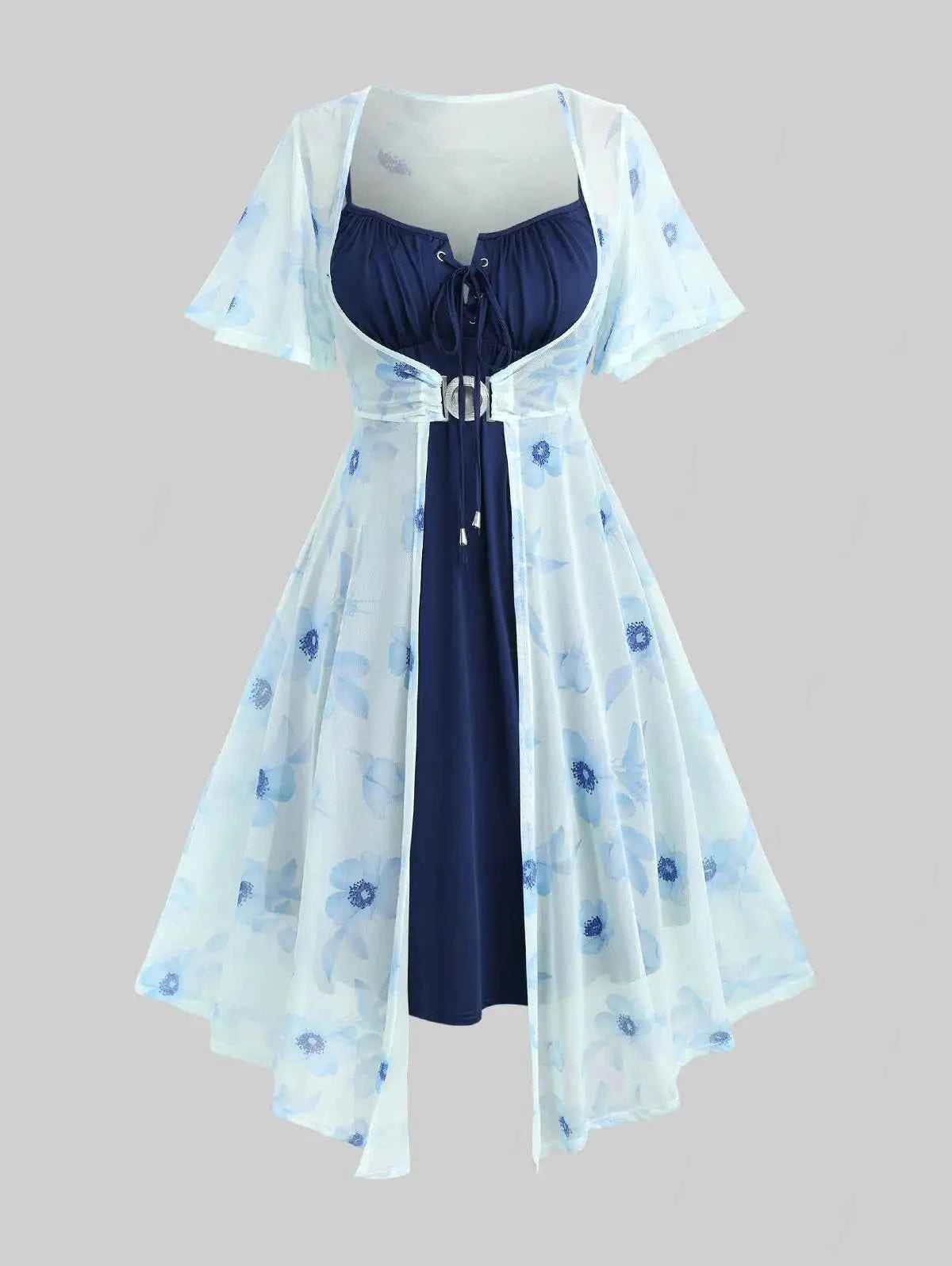 ROSEGAL Plus Size Flutter Sleeves Floral Dress and Lace-up A Line Cami Dress Set