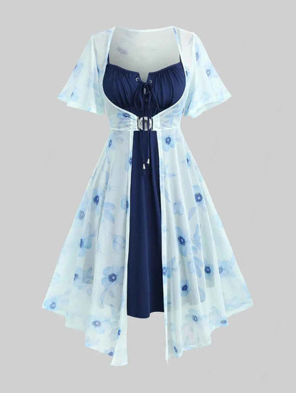 ROSEGAL Plus Size Flutter Sleeves Floral Dress and Lace-up A Line Cami Dress Set