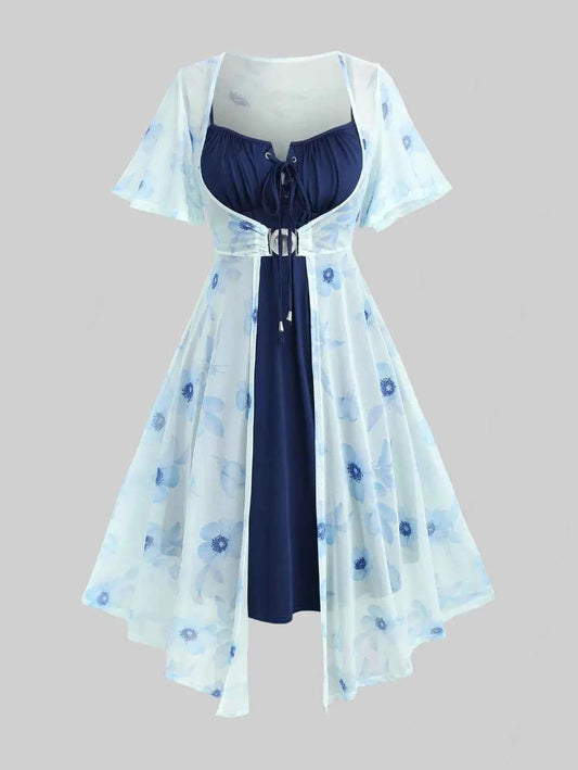 ROSEGAL Plus Size Flutter Sleeves Floral Dress and Lace-up A Line Cami Dress Set