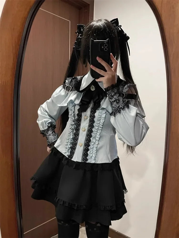 Sweet Gothic Lolita Two Piece Set, Off Shoulder Blouse + High Waist Skirt, Kawaii Tri-color Lace Coord Outfit for Women & Teens