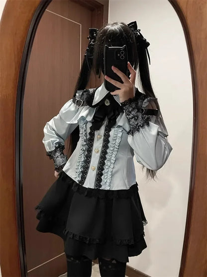 Sweet Gothic Lolita Two Piece Set, Off Shoulder Blouse + High Waist Skirt, Kawaii Tri-color Lace Coord Outfit for Women & Teens