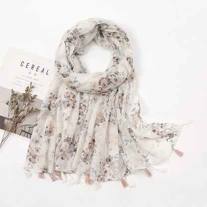 Fashion Printing Flower Tassel Shawl Cotton Viscose Scarf Women Beach Sunscreen Shawl Muslim Hijab Wrap Headscarf 180*90cm - AMULET RING STORE